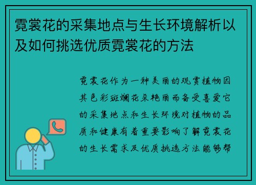 霓裳花的采集地点与生长环境解析以及如何挑选优质霓裳花的方法